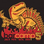 This year's BarCamp NOLA logo, featuring a dinosaur with a tasteful amount of blood.